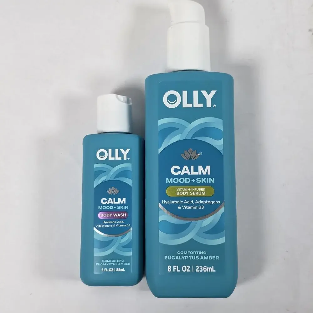 OLLY CALM Mood +Skin Body Wash 3oz With Body Serum 8oz -2 pk Eucalyptus Amber